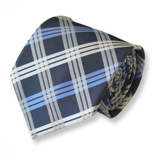 Load image into Gallery viewer, Navy Tartan With White/Light Blue Stripes Silk Tie – Regular 80mm