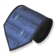 Load image into Gallery viewer, Navy Pattern With Black/White Sheet Music Silk Tie – Regular 90mm