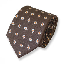 Load image into Gallery viewer, Brown Pattern With Orange/White Rhombus Geometric Silk Tie – Skinny 75mm