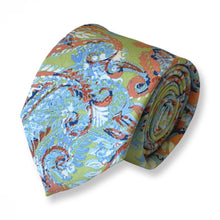 Load image into Gallery viewer, Colorful Orange Paisley With White/Green/Light Blue Pattern Silk Tie – Skinny 75mm