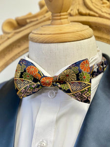 Japan Nishijin Collection – Auspicious Orange Floral Gold Wire Bow Tie