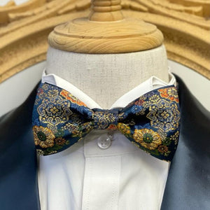 Japan Nishijin Collection – Auspicious Navy Floral Gold Wire Bow Tie