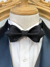 Load image into Gallery viewer, Black With White Pin Dots Pointed Bow Tie