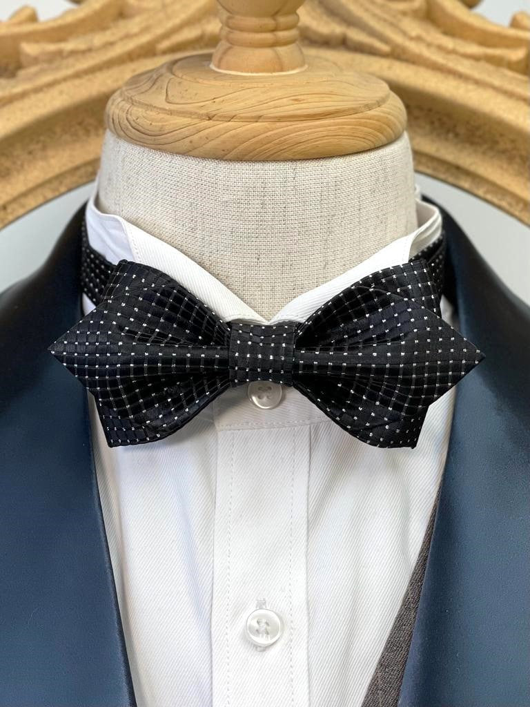 Black With White Pin Dots Pointed Bow Tie