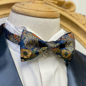 Japan Nishijin Collection – Auspicious Navy Floral Gold Wire Bow Tie
