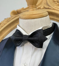 Load image into Gallery viewer, Black With White Pin Dots Pointed Bow Tie