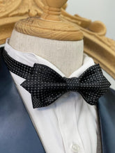Load image into Gallery viewer, Black With White Pin Dots Pointed Bow Tie