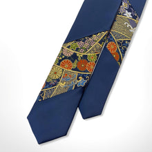 Load image into Gallery viewer, Kyoto Traditional Textile Tie – Navy w/ Gold Auspicious orange floral – Skinny 75mm