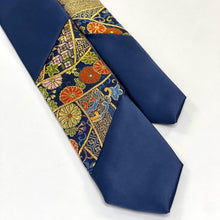 Load image into Gallery viewer, Kyoto Traditional Textile Tie – Navy w/ Gold Auspicious orange floral – Skinny 75mm