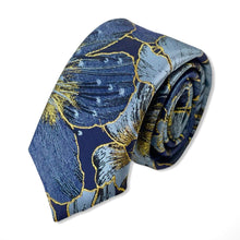Load image into Gallery viewer, Navy Golden Floral Berry Tie – Skinny 75mm