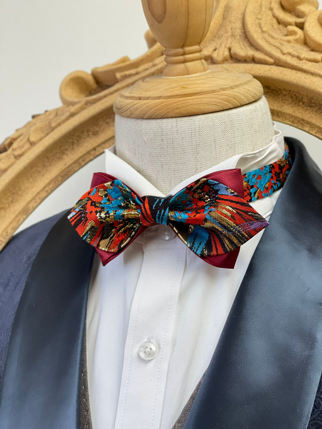 Japan Nishijin Collection – Auspicious Floral Red And Green Wire Pointed Bow Tie