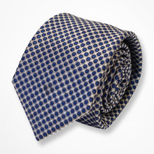 Load image into Gallery viewer, Brown Micro Check With Navy Geometric Silk Tie – Skinny 70mm
