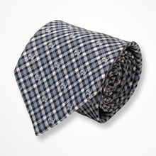 Load image into Gallery viewer, Brown Gingham With Navy/Grey Stripes and Dogs Silk Tie – Regular 90mm