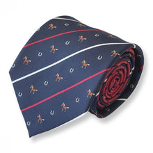 Load image into Gallery viewer, Navy Repp With Red/White Stripes and Horse With Horseshoes Silk Tie – Regular 85mm