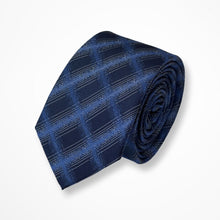 Load image into Gallery viewer, Navy with White/Blue Tartan Silk Tie – Skinny 60mm