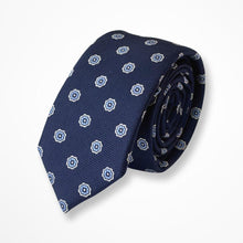 Load image into Gallery viewer, Navy Pattern With White/Blue Flowers Silk Tie – Skinny 60mm