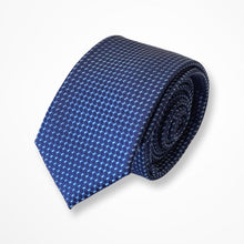 Load image into Gallery viewer, Blue Micro Check With Light Blue Geometric Silk Tie – Skinny 60mm