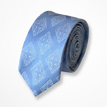 Load image into Gallery viewer, Blue Pattern With White Geometric Silk Tie – Skinny 60mm