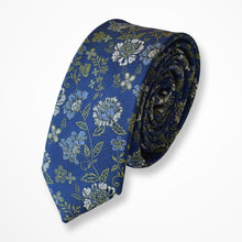Load image into Gallery viewer, Blue Floral With White/Green/Light Blue Flower Silk Tie – Slim 50mm