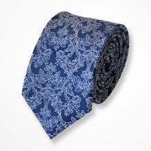 Load image into Gallery viewer, Blue Floral With White/Light Blue Flower Silk Tie – Skinny 70mm