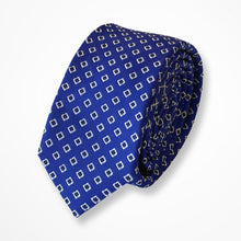 Load image into Gallery viewer, Blue Micro Check With White/Navy Geometric Silk Tie – Slim 50mm
