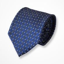 Load image into Gallery viewer, Blue Micro Check With White Pin Dots and Black Square Silk Tie – Regular 80mm