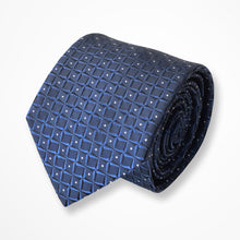 Load image into Gallery viewer, Blue Pattern With Navy Geometric and White Pin Dots Silk Tie – Skinny 70mm