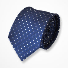 Load image into Gallery viewer, Blue Twill With White Pin Dots and Navy Stripes Silk Tie – Skinny 70mm