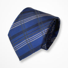 Load image into Gallery viewer, Blue Pattern With Navy/Grey/White Tartan Silk Tie – Regular 80mm
