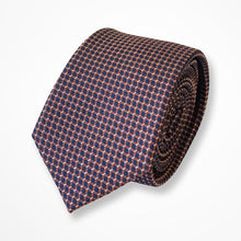 Load image into Gallery viewer, Orange Micro Check With Blue Geometric Silk Tie – Skinny 65mm