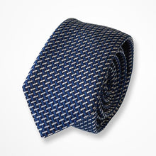 Load image into Gallery viewer, Blue Pattern With White/Navy Geometric Silk Tie – Slim 50mm