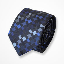 Load image into Gallery viewer, Blue Pattern With Black/Navy/White Gingham Silk Tie – Skinny 60mm
