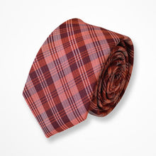 Load image into Gallery viewer, Red Tartan With White Stripes Silk Tie – Skinny 60mm