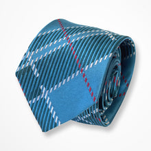 Load image into Gallery viewer, Deep Sky Blue Tartan With Dark Slate Grey/Red/White Stripes Silk Tie – Skinny 75mm