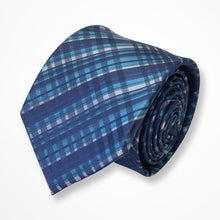 Load image into Gallery viewer, Blue Tartan With Navy/White Stripes Silk Tie – Skinny 70mm