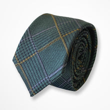 Load image into Gallery viewer, Malachite Green Tartan With Yellow/Purple Stripes Silk Tie – Skinny 60mm
