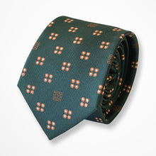 Load image into Gallery viewer, Malachite Green Pattern With Orange/White Geometric Silk Tie – Skinny 75mm
