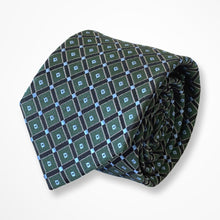 Load image into Gallery viewer, Malachite Green Pattern With Navy/Light Blue Geometric Silk Tie – Skinny 70mm