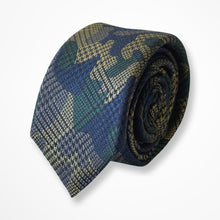 Load image into Gallery viewer, Malachite Green Pattern With Navy/Brown/Yellow Geometric Silk Tie – Skinny 60mm