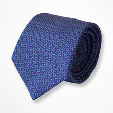 Load image into Gallery viewer, Blue Micro Check With Purple Pin Dots and White Geometric Silk Tie – Skinny 75mm
