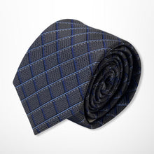 Load image into Gallery viewer, Grey Tartan WIth Light Blue and Navy Stripes Silk Tie – Skinny 75mm