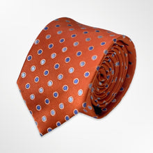 Load image into Gallery viewer, Orange Geographic With Navy and Light Blue Pin Dots Silk Tie – Skinny 70mm