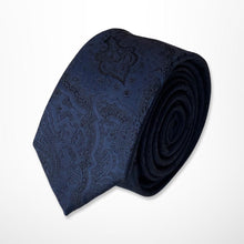 Load image into Gallery viewer, Navy Paisley With Black Flower Silk Tie – Skinny 55mm