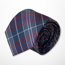 Load image into Gallery viewer, Navy Tartan With Red and White Stripes Silk Tie – Skinny 70mm