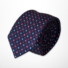 Load image into Gallery viewer, Navy Geometric With Red and Light Blue Dots Silk Tie – Skinny 60mm