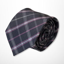 Load image into Gallery viewer, Dark Grey Tartan With White and Pink Stripes Silk Tie – Skinny 70mm
