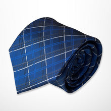 Load image into Gallery viewer, Navy Tartan With White and Blue Stripes Silk Tie – Regular 85mm