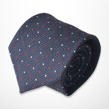 Load image into Gallery viewer, Navy Herringbone With Red and White Pin Dots Silk Tie – Regular 80mm