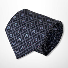 Load image into Gallery viewer, Dark Blue Tartan With Light Blue Stripes and Geometric Silk Tie – Regular 85mm