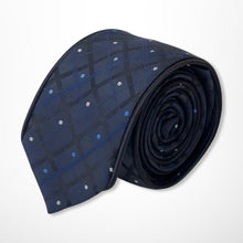 Load image into Gallery viewer, Navy Tartan With Black Stripes and Light Blue/White Pin Dots Silk Tie – Skinny 60mm